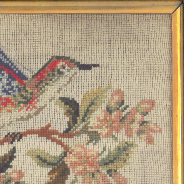 19th c. Wool Needlework Bird Floral Embroidery Framed